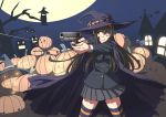  1girl absurdres black_hair brown_eyes bullet_hole bullet_trail cape grin gun hairband handgun hat highres m1911 moon night night_sky odamki original pleated_skirt pumpkin school_uniform serafuku silhouette skirt sky smile solo striped striped_legwear thighhighs weapon witch_hat zettai_ryouiki 