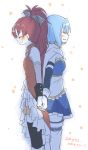  2girls armband back-to-back blue_hair closed_eyes gloves holding_hands magical_girl mahou_shoujo_madoka_magica mahou_shoujo_madoka_magica_movie miki_sayaka multiple_girls ponytail redhead sakura_kyouko short_hair smile thighhighs yasuio zettai_ryouiki 