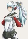  1girl ao_usagi grey_background labrys long_hair persona persona_4:_the_ultimate_in_mayonaka_arena ponytail red_eyes shirt_lift simple_background skirt solo white_hair 