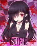  :p black_hair blood breasts choker cleavage cross elbow_gloves finger_to_mouth gloves hair_over_one_eye original pointy_ears red_eyes tongue tsukikage_nemu 