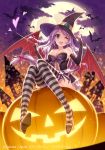  1girl ;d an2a bare_shoulders bat bat_wings black_gloves breasts cleavage corset elbow_gloves female gloves halloween hat heart jack-o&#039;-lantern large_breasts long_hair looking_at_viewer open_mouth purple_hair sitting smile solo striped striped_legwear thighhighs wand wings wink witch witch_hat 