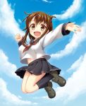  1girl :d blush brown_eyes brown_hair clouds inazuma_(kantai_collection) kantai_collection kneehighs naruna01 open_mouth personification pleated_skirt school_uniform serafuku skirt sky smile solo 