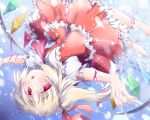  1girl blonde_hair blush crystal flandre_scarlet no_hat open_mouth puffy_short_sleeves puffy_sleeves red_eyes ribbon short_hair short_sleeves side_ponytail skirt smile solo soulhunter_en touhou upside-down vest wings 