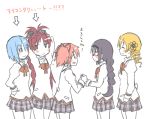  5girls akemi_homura black_hair blonde_hair blue_hair bow braid drill_hair glasses hair_bow hair_ribbon kaname_madoka long_hair mahou_shoujo_madoka_magica mahou_shoujo_madoka_magica_movie miki_sayaka multiple_girls pink_hair redhead ribbon sakura_kyouko school_uniform short_hair short_twintails tomoe_mami translation_request twin_braids twin_drills twintails yasuio 