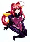 1girl absurdres ahoge arm_support artist_request bodysuit breasts hair_intakes highres kagami_sumika knees_together_feet_apart large_breasts long_hair low_ponytail muvluv muvluv_alternative parted_lips red_eyes redhead scan simple_background solo thigh_gap very_long_hair 