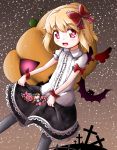  1girl adapted_costume bat blonde_hair blouse candy cookie cross fence food grey_background hair_ribbon halloween heart heart-shaped_pupils highres jack-o&#039;-lantern lollipop looking_at_viewer open_mouth pantyhose puffy_short_sleeves puffy_sleeves red_eyes ribbon roco_(katsuya1011) rumia short_hair short_sleeves simple_background skirt skirt_basket skirt_hold sky solo star_(sky) starry_sky swirl_lollipop symbol-shaped_pupils touhou wrist_ribbon 