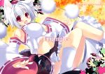  1girl animal_ears blush detached_sleeves hat hikanyan inubashiri_momiji open_mouth red_eyes short_hair silver_hair smile solo tail tokin_hat touhou wolf_ears wolf_tail 