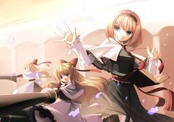  1girl alice_margatroid apron blonde_hair blue_eyes book capelet clere doll dress dress_shirt hairband lance long_hair long_sleeves polearm ribbon sash shangai_doll shirt short_hair touhou weapon 