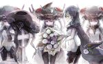  4girls bodysuit bouquet cape cross flower funeral gloves headwear_removed kantai_collection monster multiple_girls pale_skin personification red_eyes shinkaisei-kan silver_hair spark_(sandro) tombstone turret wo-class_aircraft_carrier yellow_eyes 