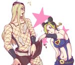  1boy 1girl 2boys black_hair blonde_hair crossdressinging double_bun fishnets hat jojo_no_kimyou_na_bouken kuujou_jolyne long_hair multicolored_hair multiple_boys narciso_anasui nnyao skirt skirt_lift thighhighs two-tone_hair 