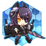  1girl chibi eyepatch fingerless_gloves gloves headgear kantai_collection looking_at_viewer machinery necktie open_mouth personification purple_hair short_hair socha solo sword tenryuu_(kantai_collection) thighhighs turret weapon yellow_eyes 
