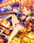  1girl :d ;d artist_request earrings fireworks grin idolmaster idolmaster_cinderella_girls japanese_clothes jewelry katagiri_sanae official_art open_mouth sandals smile solo twintails wink 