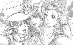  3girls ahoge alan_wansom bliss_barson breasts capelet cleavage cryamore deseret_amoir halloween halloween_costume hat leaf lipstick makeup mole monochrome moon multiple_girls sailor_collar self_shot sketch smile sorbet_la_carelle witch_hat 