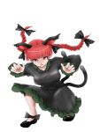  1girl animal_ears ankle_bow arms_up bow braid breasts cat_ears cat_tail dress hair_bow kaenbyou_rin kazu_(rakugakino-to) looking_at_viewer multiple_tails no_socks parted_lips red_eyes redhead shoes short_hair simple_background solo squatting tail touhou twin_braids white_background 