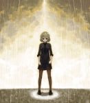  1girl blonde_hair blouse clouds copyright_request full_body highres looking_at_viewer pantyhose rain serious shoes short_hair short_sleeves skirt skirt_lift sky solo standing travo 