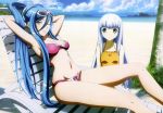  2girls absurdres aoki_hagane_no_arpeggio arms_behind_head battleship beach bikini blue_eyes blue_hair clouds deck_chair green_eyes highres iona legs long_hair multiple_girls nyantype ocean official_art silver_hair sky sunglasses swimsuit takao_(aoki_hagane_no_arpeggio) very_long_hair water wink 