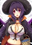  1girl :d basket breasts candy cape cleavage cu-no elbow_gloves full_moon glasses gloves halloween hat kikyou-0423 large_breasts moon open_mouth pince-nez purple_hair shishou_(cu-no) smile violet_eyes witch_hat 