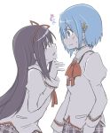  2girls akemi_homura black_hair blue_eyes blue_hair eye_contact hair_ribbon long_hair looking_at_another mahou_shoujo_madoka_magica mahou_shoujo_madoka_magica_movie miki_sayaka multiple_girls ribbon school_uniform short_hair spoilers violet_eyes yasuio 