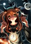  1girl bat brown_hair fangs green_eyes halloween highres horns jack-o&#039;-lantern long_hair original 