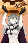  1girl absurdres black_gloves bodysuit cape gloves halloween halloween_costume highres kantai_collection long_hair personification shinkaisei-kan silver_hair solo spitfire99 wo-class_aircraft_carrier yellow_eyes 