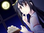  1girl black_hair brown_eyes detached_sleeves eating haruna_(kantai_collection) kana_(moon_orbit) kantai_collection looking_at_viewer moon night night_sky nontraditional_miko personification sky solo 