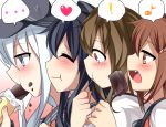  4girls akatsuki_(kantai_collection) black_hair blue_eyes blue_hair brown_eyes brown_hair eating hat heart hibiki_(kantai_collection) ikazuchi_(kantai_collection) inazuma_(kantai_collection) kantai_collection knbilove multiple_girls musical_note neckerchief personification school_uniform serafuku silver_hair spoken_exclamation_mark spoken_heart spoken_musical_note 