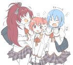  3girls blue_hair closed_eyes fang hair_ornament hairclip kaname_madoka kyubey laughing long_hair mahou_shoujo_madoka_magica mahou_shoujo_madoka_magica_movie miki_sayaka multiple_girls pink_eyes pink_hair redhead sakura_kyouko school_uniform short_hair short_twintails translation_request twintails yasuio 