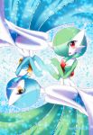  alternate_color blue_hair blush breasts gardevoir green_hair hair_over_one_eye holding_hands looking_at_viewer no_humans open_mouth pokemon pokemon_(creature) pokemon_(game) red_eyes shiny_pokemon shiratsuki short_hair smile watermark web_address yellow_eyes 