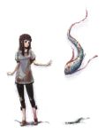  1girl blouse blush brown_hair copyright_request eel full_body highres long_hair oarfish shoes short_sleeves solo standing travo 