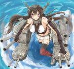  1girl bare_shoulders black_hair blush boots breasts cannon clenched_hand elbow_gloves fingerless_gloves gloves gun hair_ornament headgear kantai_collection large_breasts long_hair midriff nagato_(kantai_collection) nuppunuppu personification red_eyes sideboob skirt smile smoke smoking_gun solo soot thighhighs torn_clothes torn_skirt turret weapon 