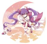  1girl aisha_(elsword) bow breasts cleavage crescent elsword gloves long_hair mito_(rscrsc) pose purple_hair shoes skirt smile solo twintails violet_eyes 