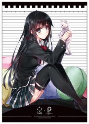  1girl black_eyes black_hair cat legs long_hair misaki_kurehito pillow ribbon school_uniform solo thighhighs very_long_hair yahari_ore_no_seishun_lovecome_wa_machigatteiru. yukinoshita_yukino 