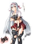  1girl :o black_legwear blush breasts brown_eyes burnt_clothes cleavage covering covering_crotch embarrassed fingerless_gloves gloves hairband highres kaminagi-tei kantai_collection long_hair midriff muneate panties panties_around_one_leg personification pink_panties shoukaku_(kantai_collection) silver_hair simple_background single_glove skirt skirt_tug smoke solo tears thighhighs torn_clothes torn_panties torn_shirt torn_skirt torn_thighhighs translated underwear very_long_hair white_background 