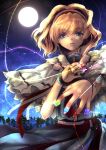  1girl alice_margatroid blonde_hair blue_eyes capelet full_moon hairband looking_at_viewer moon night oka_(umanihiki) outdoors parted_lips ribbon sash solo string touhou tree 