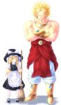  1boy 1girl blonde_hair blush bow bracelet broly broom chintara crossed_arms crossover dragon_ball dragon_ball_z dress earrings hair_bow hair_ribbon hat highres jewelry kirisame_marisa long_hair male muscle necklace puffy_sleeves ribbon short_sleeves smile smirk spiky_hair super_saiyan touhou white_background witch_hat yellow_eyes 