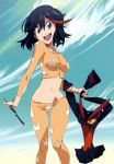  1girl absurdres black_hair blue_eyes happy highres kill_la_kill matoi_ryuuko midriff navel pajamas panties photoshop senketsu smile underwear 