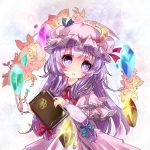  1girl book coat crescent dress flower gem grimoire hair_ribbon kayama_benio long_hair looking_at_viewer mob_cap open_clothes open_coat open_mouth patchouli_knowledge purple_dress purple_hair ribbon solo striped striped_dress touhou tress_ribbon very_long_hair violet_eyes white_dress 