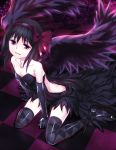  1girl akemi_homura arm_support bare_shoulders black_gloves black_hair black_legwear dress elbow_gloves gloves hair_ribbon hairband keikotsu long_hair mahou_shoujo_madoka_magica open_mouth ribbon sitting skirt smile solo spoilers thighhighs violet_eyes wariza wings 