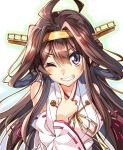  1girl ahoge bare_shoulders blush brown_hair detached_sleeves double_bun hairband japanese_clothes kantai_collection kongou_(kantai_collection) long_hair looking_at_viewer personification piromizu smile solo v wink 