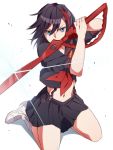  1girl black_hair blue_eyes erigamine kill_la_kill kneeling matoi_ryuuko midriff navel school_uniform senketsu serafuku short_hair skirt solo suspenders sword weapon 