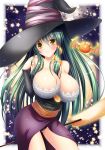  1girl bare_shoulders bat between_breasts black_panties blush breasts cosplay dragon&#039;s_crown gohei green_hair grin hair_tubes hat highres huge_breasts kochiya_sanae long_hair looking_at_viewer osashin_(osada) panties pantyshot pantyshot_(sitting) sitting skirt smile snake_hair_ornament solo sorceress_(dragon&#039;s_crown) sorceress_(dragon&#039;s_crown)_(cosplay) star touhou underwear white_border witch_hat yellow_eyes 