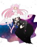  2girls akemi_homura akuma_homura black_dress black_hair boots dress drooling elbow_gloves gloves goddess_madoka hair_ribbon kaname_madoka kyabechi mahou_shoujo_madoka_magica mahou_shoujo_madoka_magica_movie multiple_girls open_mouth ribbon spoilers thigh_boots thighhighs translation_request two_side_up violet_eyes white_dress yellow_eyes 