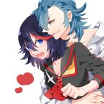  1boy 1girl black_hair blue_eyes blue_hair hug hug_from_behind kill_la_kill matoi_ryuuko mikisugi_aikurou multicolored_hair senketsu short_hair two-tone_hair uobito 