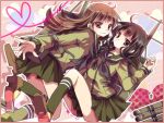  2girls bangs black_hair blunt_bangs braid brown_eyes brown_hair kantai_collection kitakami_(kantai_collection) kneehighs multiple_girls ooi_(kantai_collection) personification pleated_skirt sakura_(lilak_a) school_uniform serafuku single_braid skirt 