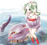  1girl blush_stickers boots earrings final_fantasy final_fantasy_vi flying_sweatdrops green_hair heart heart-shaped_pupils jewelry makuwauri octopus open_mouth orthros pendant ponytail symbol-shaped_pupils tentacles tina_branford water wavy_mouth 