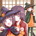  3girls black_hair brown_hair cape gokou_hinata gokou_ruri gokou_tamaki halloween hat herunin highres jack-o&#039;-lantern long_hair mole multiple_girls ore_no_imouto_ga_konna_ni_kawaii_wake_ga_nai pantyhose pumpkin short_hair siblings sisters twintails witch_hat 