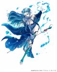  1girl 2013 bare_shoulders blue blue_eyes blue_hair boots copyright_request fingernails floating_hair full_body leaning_forward long_hair magic pale_skin sharp_fingernails solo sorceress staff tagme tiara very_long_hair water wide_sleeves yoshii 