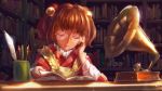 1girl apron bell blush bobomaster book checkered closed_eyes clothes_writing cup glasses gramaphone hair_bell hair_ornament japanese_clothes jingle_bell motoori_kosuzu open_mouth pen quill redhead short_hair sleeping smile solo touhou twintails wide_sleeves 