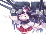  1girl bare_shoulders black_hair blush breasts cannon character_name detached_sleeves fusou_(kantai_collection) hair_ornament japanese_clothes kantai_collection long_hair nishimura_eri nontraditional_miko obi personification red_eyes skirt smile turret 