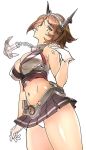  1girl black_eyes body_blush breasts brown_hair gloves hairband headgear kantai_collection looking_at_viewer midriff mutsu_(kantai_collection) navel nishieda panties personification pleated_skirt short_hair simple_background skirt solo underwear white_background white_gloves white_panties 